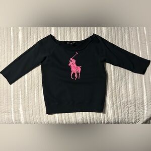 Ralph Lauren Vintage Black Label Off The Shoulder Sweatshirt with Pink Polo Logo